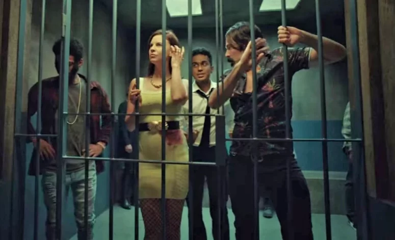 Mercedes (Dani Kind) with Doc (Tim Rozon) and Jeremy (Varun Saranga) in Black Badge jail - Wynonna Earp 411