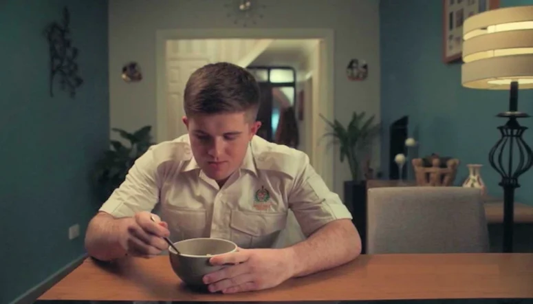 Jason Doyle (Karl Rice) eating what seems to be a bowl of noodles - Kin 105