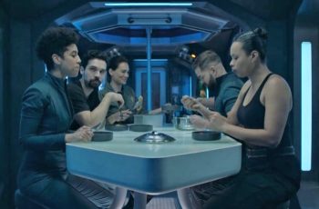 The Rocinante crew enjoys Clarissa’s culinary efforts. (Textured Mushroom Seco de carne, and Soy Tequeños). - The Expanse
