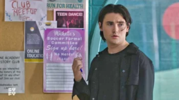 Spencer Macpherson as Sparrow, the broody, James Dean-like dude Astrid has a crush on, shown here signing up for Michelle’s Soccer Formal committee. - Astrid and Lilly Save the World 101