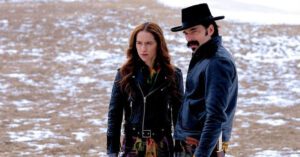 Tim Rozon as Doc Holliday and Melanie Scrofano as Wynonna Earp - Wynonna Earp - Holy War - Part One