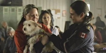 Michaela Washburn as Isabelle, Rebecca Kwan as Emma, and Morgan Holdstrom as Cryistal with Buttercup the dog - Skymed