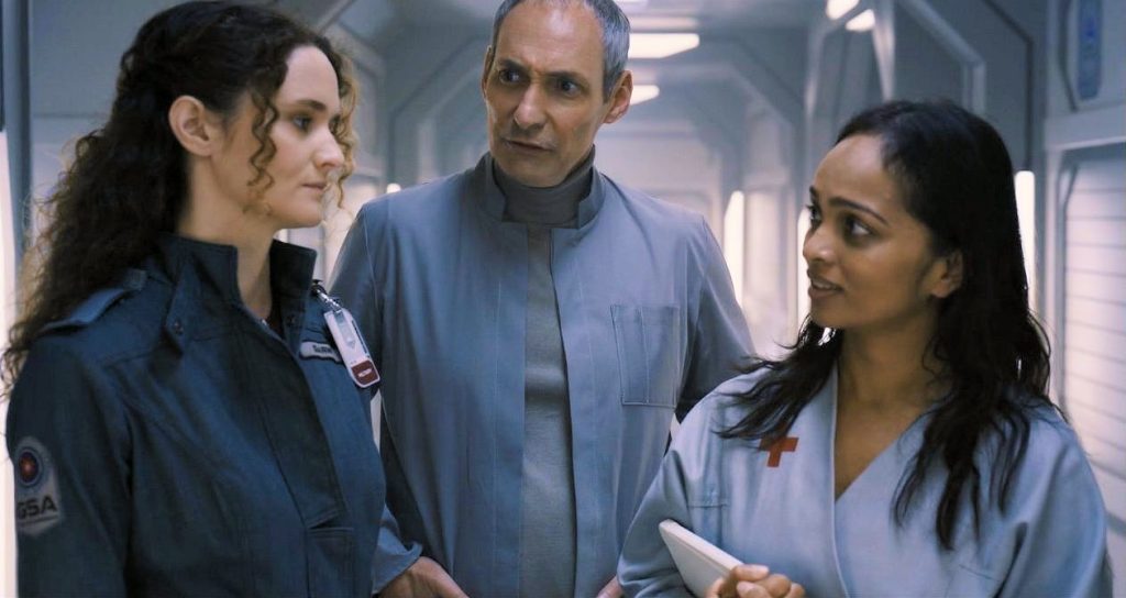 Christie Burke as Garnet, Jonathan English as Dr. Hall, and Shalini Peiris as Dr. Kabir - The Ark 104