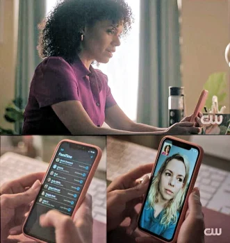 Lucy prepares to call her wife (lower right). The fourth name on her contacts list (lower left) is Andy Mikita, who directed this episode. - Family Law 201