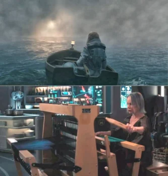 (top) Dr. Ree Avalon approaches the artefact. And (bottom) Keeper Sophie at her loom. - Beacon 23