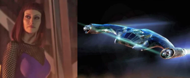 Tamsen McDonough as the Artificial Intelligence Lucy, housed in a temporary robot body and Lucy the spaceship - Killjoys