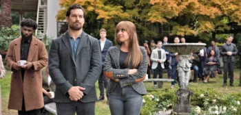 Cole (Giacomo Gianniotti) and Max (Vanessa Morgan) at a memorial service looking for suspects