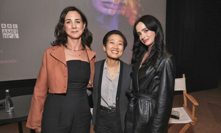 Showrunner Anna Fishko, Angie Han of The Hollywood Reporter, and Kristen Ritter at an Orphan Black: Echoes premiere party