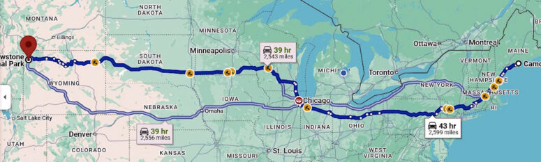 Google Maps route from Yellowstone to Camden, ME