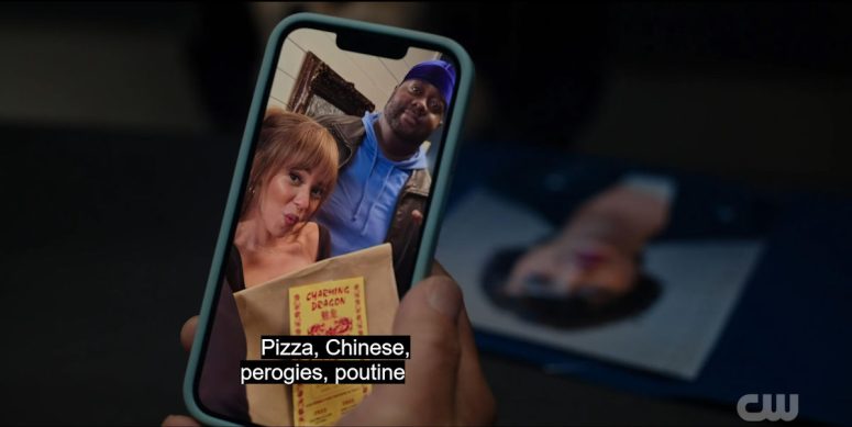 Max (Vanessa Morgan) selfie with delivery guy.