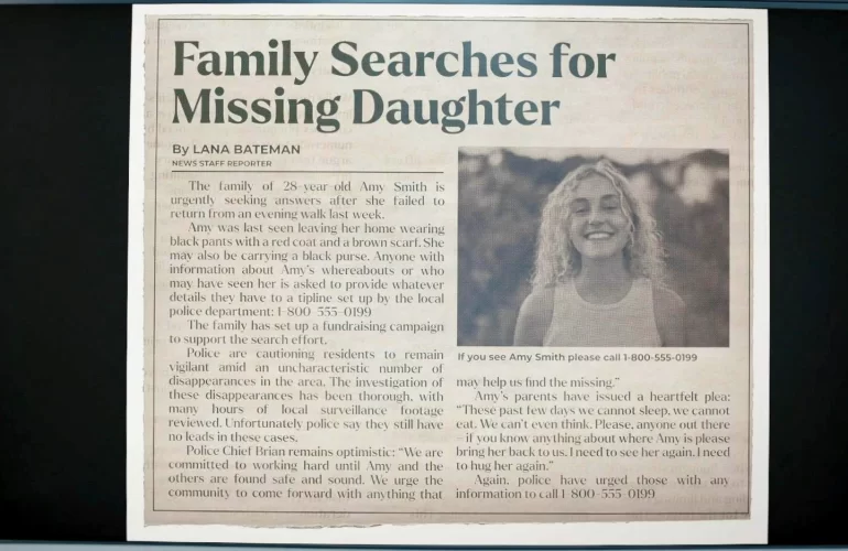 Newsclipping about family searching for missing daughter - surrealestate 305
