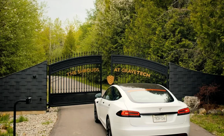 Karsh arrives at The Shrouds at GraveTech in his Tesla