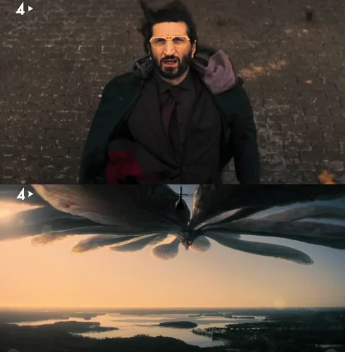 (Top) Fares Fares as Elias Charbel in Vi kommen i fred (bottom) the object hovering over Stockholm