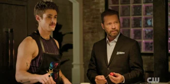 Ricky (Fletcher Donovan) and George (Jason Priestley) react after Cole shows up for dinner - Wild Cards 305