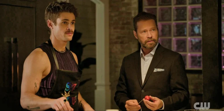 Ricky (Fletcher Donovan) and George (Jason Priestley) react after Cole shows up for dinner - Wild Cards 305