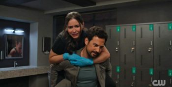 Manuela Sosa as Coroner Olive and Giacomo Gianniotti as Detective Cole Ellis - Wild Cards 304