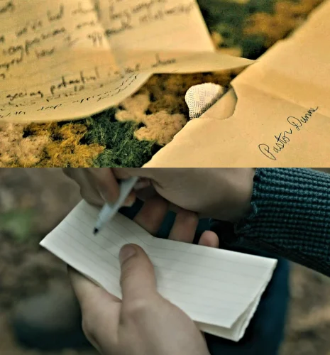 Pastor Dunne's correspondence (top) and Julie's bookmark paper - From 404
