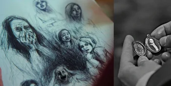 Liz's sketchbook and the locket.