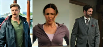 Patch May as Zach Moore, Laura Mennell as Siobhan Callahan, and Miles Wilkinson as Eduardo Molina - Private Eyes West Coast 101