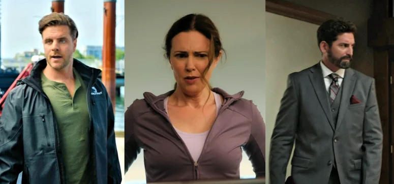 Patch May as Zach, Laura Mennell as Siobhan, and Miles Wilkinson as Eduardo Molina - Private Eyes West Coast 101