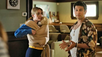 Rowan Wales as Celeste trying on a Norwegian Sling, and David Kaye as Angie's half-brother Will - Private Eyes West Coast 102
