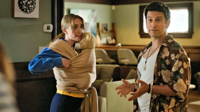 Rowan Wales as Celeste trying on a Norwegian Sling, and David Kaye as Angie's half-brother Will - Private Eyes West Coast 102